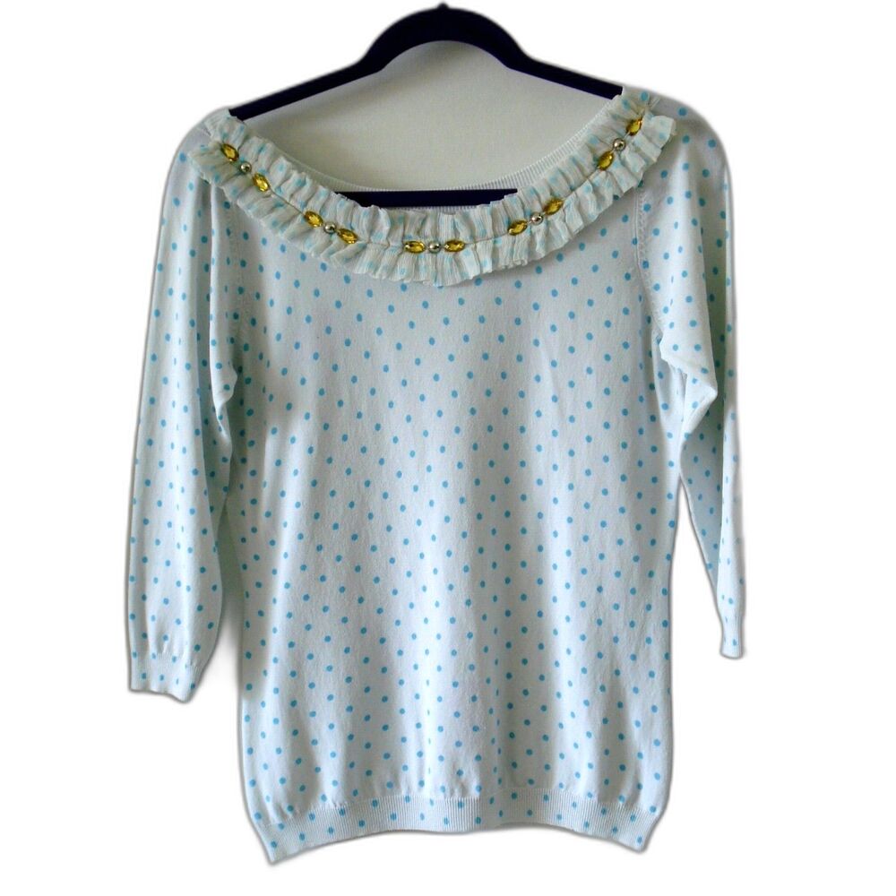 CHRISTINA Women Top Blouse Size M / L White w/Blue Polka Dot and Rhinestones